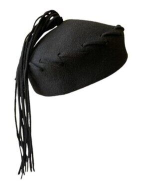 Vintage 1940s Merrimac Black Wool Felt Fez Cap Lacing Ribbon Fringe Hat 22